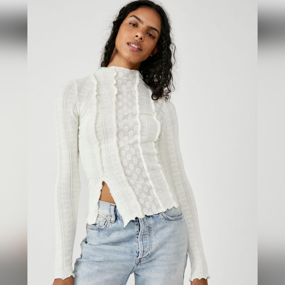 Free People Cream Ribbed Lace-Front Long Sleeve Top
